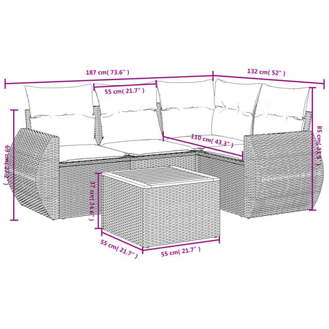 5-tlg. Garten-Sofagarnitur mit Kissen Grau Poly Rattan