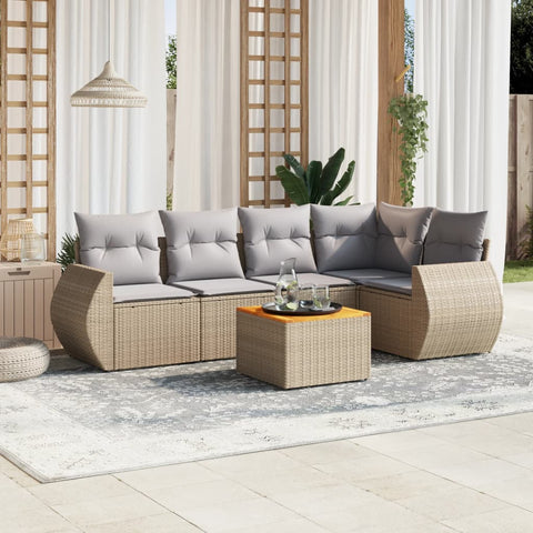 6-tlg. Garten-Sofagarnitur mit Kissen Beige Poly Rattan