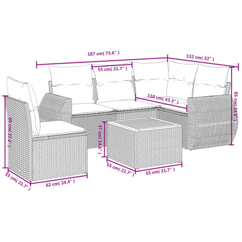 6-tlg. Garten-Sofagarnitur mit Kissen Beige Poly Rattan