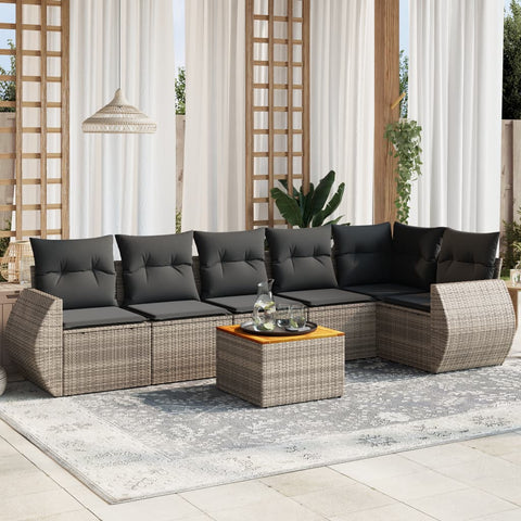 7-tlg. Garten-Sofagarnitur mit Kissen Grau Poly Rattan