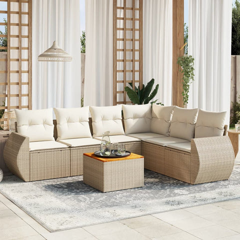 7-tlg. Garten-Sofagarnitur mit Kissen Beige Poly Rattan