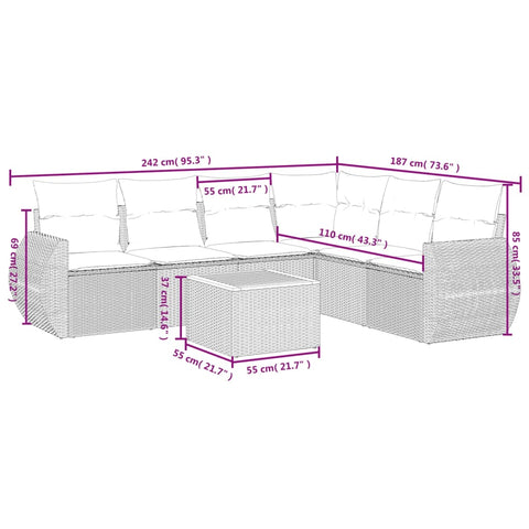 7-tlg. Garten-Sofagarnitur mit Kissen Grau Poly Rattan