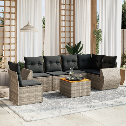 7-tlg. Garten-Sofagarnitur mit Kissen Grau Poly Rattan