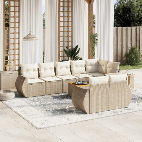 9-tlg. Garten-Sofagarnitur mit Kissen Beige Poly Rattan