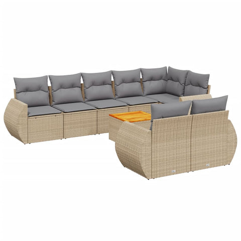 9-tlg. Garten-Sofagarnitur mit Kissen Beige Poly Rattan