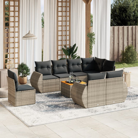 9-tlg. Garten-Sofagarnitur mit Kissen Grau Poly Rattan