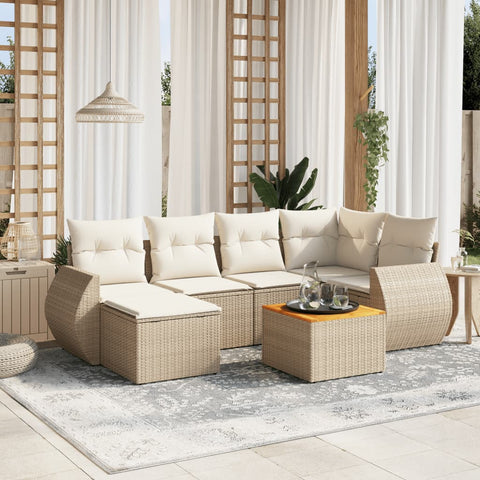 7-tlg. Garten-Sofagarnitur mit Kissen Beige Poly Rattan