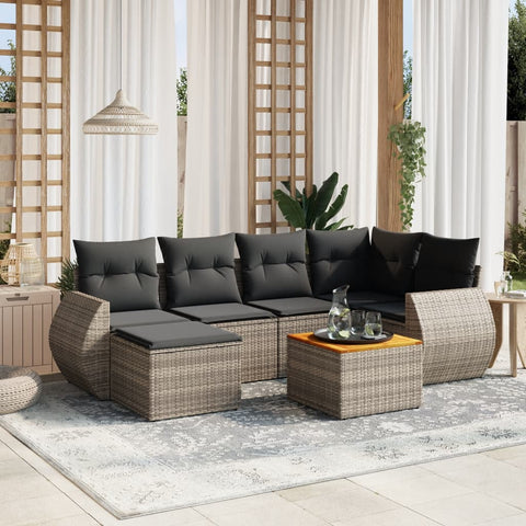 7-tlg. Garten-Sofagarnitur mit Kissen Grau Poly Rattan