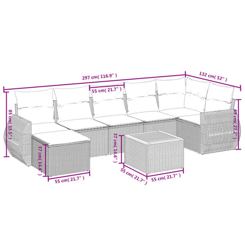 8-tlg. Garten-Sofagarnitur mit Kissen Grau Poly Rattan