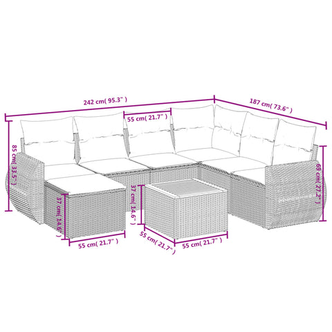 8-tlg. Garten-Sofagarnitur mit Kissen Grau Poly Rattan