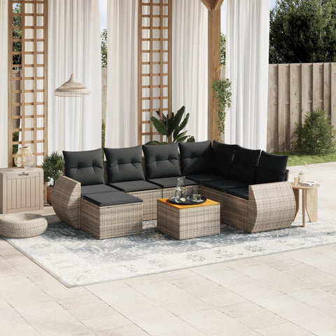 8-tlg. Garten-Sofagarnitur mit Kissen Grau Poly Rattan