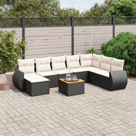 9-tlg. Garten-Sofagarnitur mit Kissen Schwarz Poly Rattan