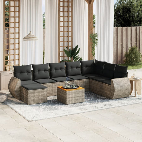 9-tlg. Garten-Sofagarnitur mit Kissen Grau Poly Rattan