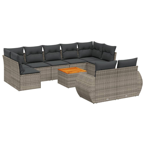 10-tlg. Garten-Sofagarnitur mit Kissen Grau Poly Rattan