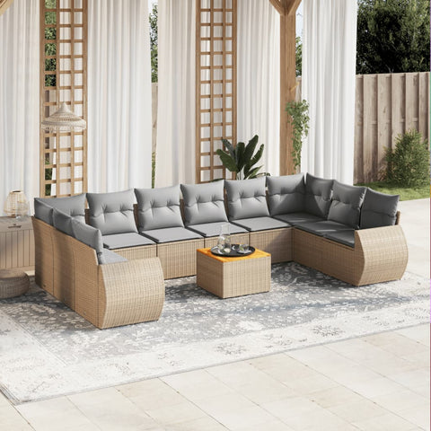 11-tlg. Garten-Sofagarnitur mit Kissen Beige Poly Rattan