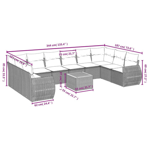 11-tlg. Garten-Sofagarnitur mit Kissen Grau Poly Rattan