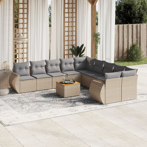 11-tlg. Garten-Sofagarnitur mit Kissen Beige Poly Rattan