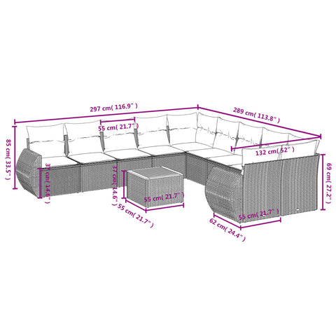 11-tlg. Garten-Sofagarnitur mit Kissen Grau Poly Rattan