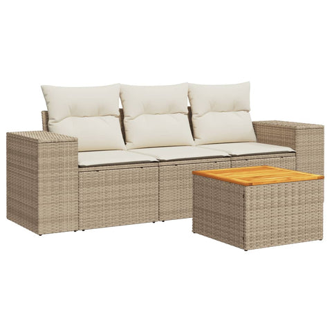 4-tlg. Garten-Sofagarnitur mit Kissen Beige Poly Rattan