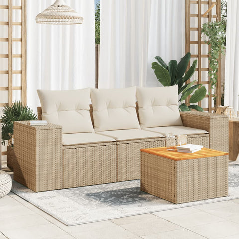 4-tlg. Garten-Sofagarnitur mit Kissen Beige Poly Rattan