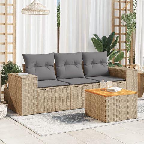 4-tlg. Garten-Sofagarnitur mit Kissen Beige Poly Rattan