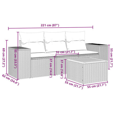 4-tlg. Garten-Sofagarnitur mit Kissen Grau Poly Rattan