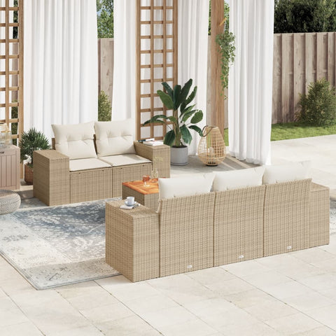 6-tlg. Garten-Sofagarnitur mit Kissen Beige Poly Rattan