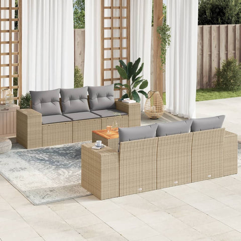 7-tlg. Garten-Sofagarnitur mit Kissen Beige Poly Rattan