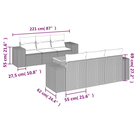 7-tlg. Garten-Sofagarnitur mit Kissen Grau Poly Rattan