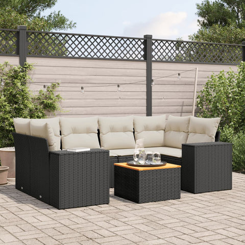 7-tlg. Garten-Sofagarnitur mit Kissen Schwarz Poly Rattan