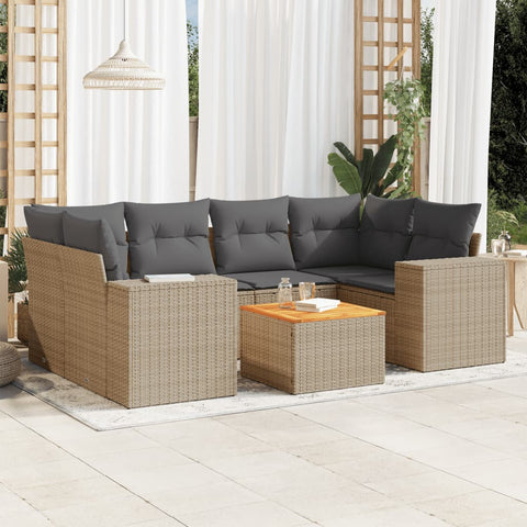 7-tlg. Garten-Sofagarnitur mit Kissen Beige Poly Rattan