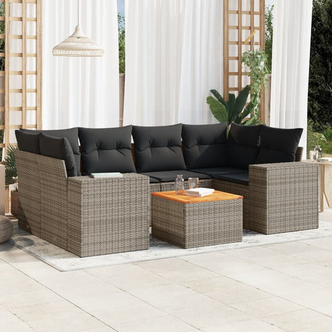 7-tlg. Garten-Sofagarnitur mit Kissen Grau Poly Rattan