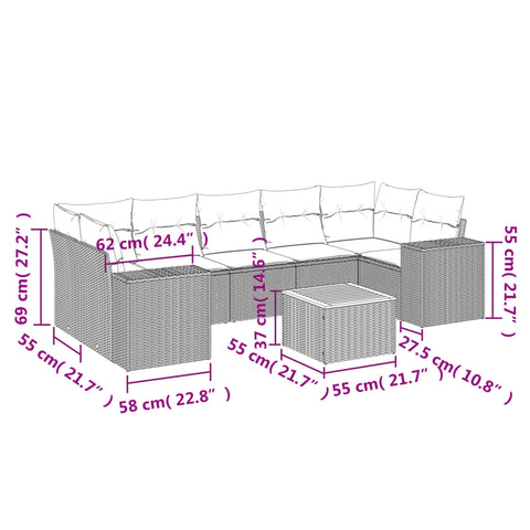 8-tlg. Garten-Sofagarnitur mit Kissen Schwarz Poly Rattan