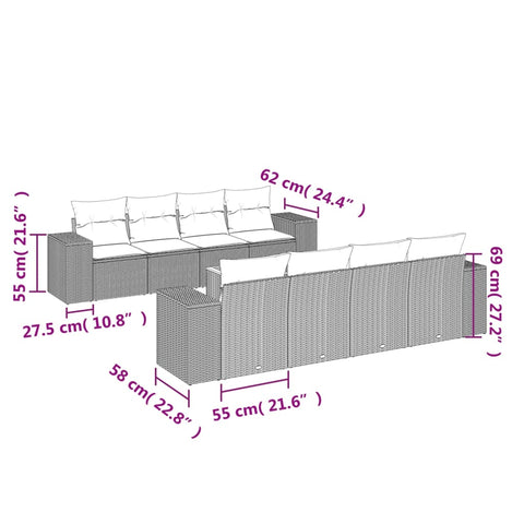 9-tlg. Garten-Sofagarnitur mit Kissen Schwarz Poly Rattan