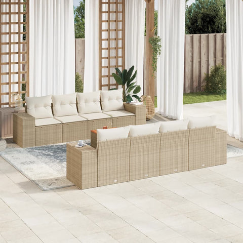 9-tlg. Garten-Sofagarnitur mit Kissen Beige Poly Rattan