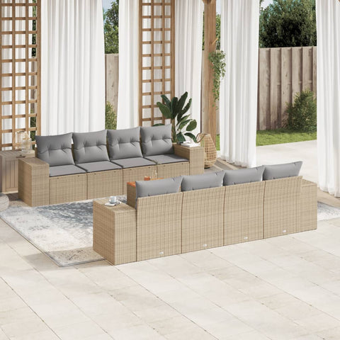 9-tlg. Garten-Sofagarnitur mit Kissen Beige Poly Rattan