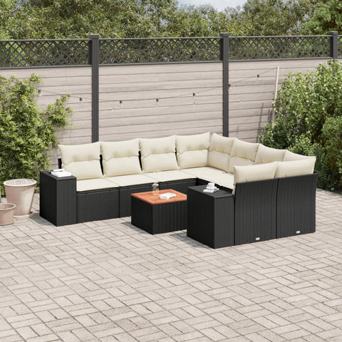 9-tlg. Garten-Sofagarnitur mit Kissen Schwarz Poly Rattan