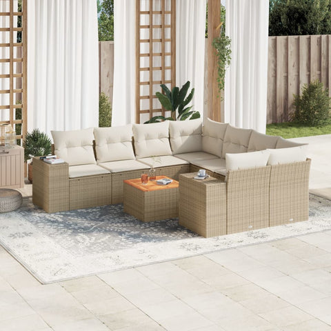 9-tlg. Garten-Sofagarnitur mit Kissen Beige Poly Rattan