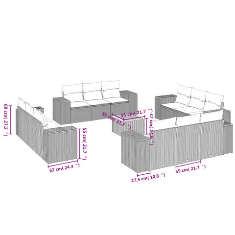 13-tlg. Garten-Sofagarnitur mit Kissen Schwarz Poly Rattan