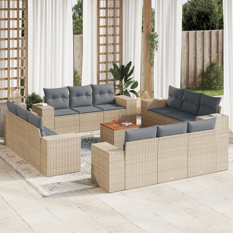 13-tlg. Garten-Sofagarnitur mit Kissen Beige Poly Rattan