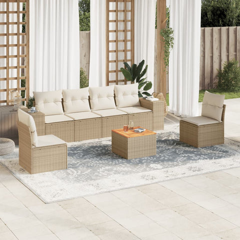 7-tlg. Garten-Sofagarnitur mit Kissen Beige Poly Rattan