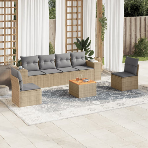 7-tlg. Garten-Sofagarnitur mit Kissen Beige Poly Rattan