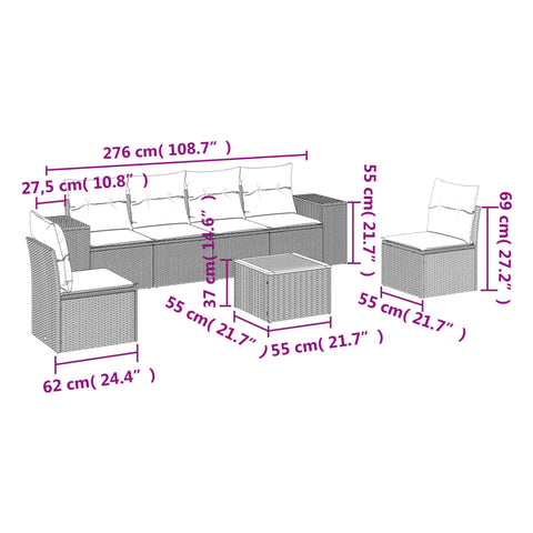 7-tlg. Garten-Sofagarnitur mit Kissen Grau Poly Rattan