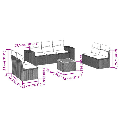 8-tlg. Garten-Sofagarnitur mit Kissen Schwarz Poly Rattan