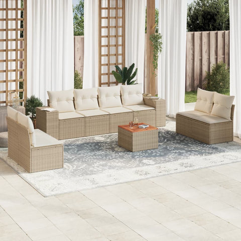 9-tlg. Garten-Sofagarnitur mit Kissen Beige Poly Rattan