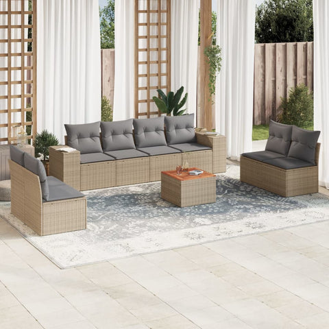 9-tlg. Garten-Sofagarnitur mit Kissen Beige Poly Rattan