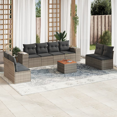 9-tlg. Garten-Sofagarnitur mit Kissen Grau Poly Rattan