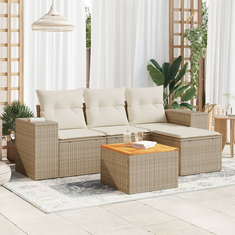 5-tlg. Garten-Sofagarnitur mit Kissen Beige Poly Rattan