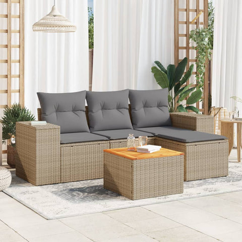 5-tlg. Garten-Sofagarnitur mit Kissen Beige Poly Rattan