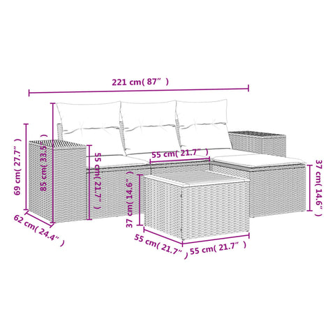 5-tlg. Garten-Sofagarnitur mit Kissen Grau Poly Rattan